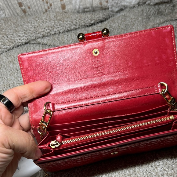 MCM Red Crocodile Embossed Clutch with Gold Chain - Picture 14 of 17